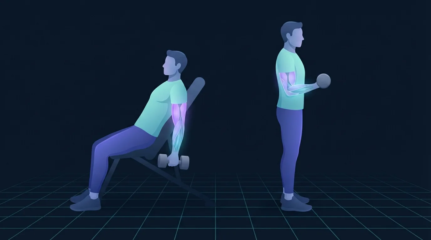 Two figures compared side by side, one reclined on an incline bench with the working arm hanging behind the torso and the elbow fully straight with the biceps glowing brightly, the other standing upright with the elbow already half bent and the same muscle barely lit
