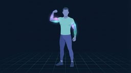 A figure standing with one arm bent and flexed, the front of that upper arm glowing violet and the back of the same upper arm glowing cyan to show the two muscle groups that make up arm size