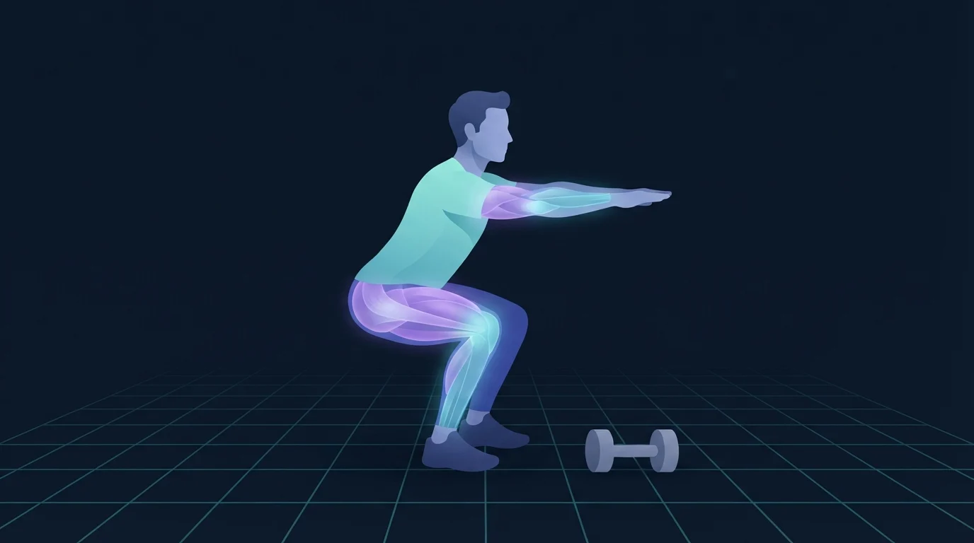 A figure holding a low squat with a single dumbbell on the floor beside them, quadriceps, glutes and forearms glowing to show local muscular endurance being trained without running