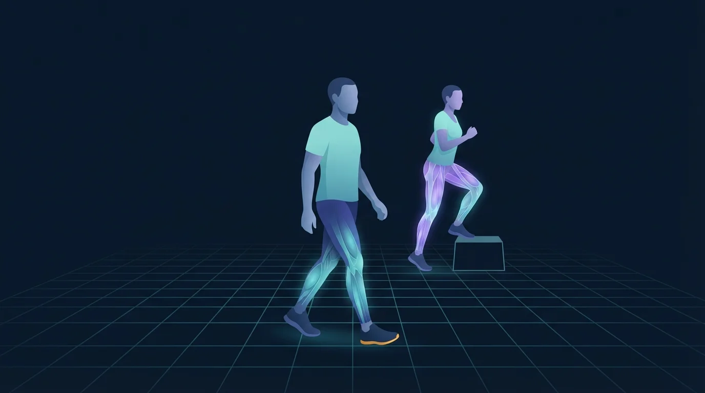 A figure walking steadily across a floor grid with a second figure behind them mid-step-up on a low box, the walker's legs glowing faintly and the stepper's legs glowing brightly, showing an easy session paired with a harder one in the same training week