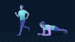 Two figures side by side, one running with the chest and lungs glowing and one holding a plank with the shoulders and core glowing, showing cardiovascular and muscular endurance as separate systems