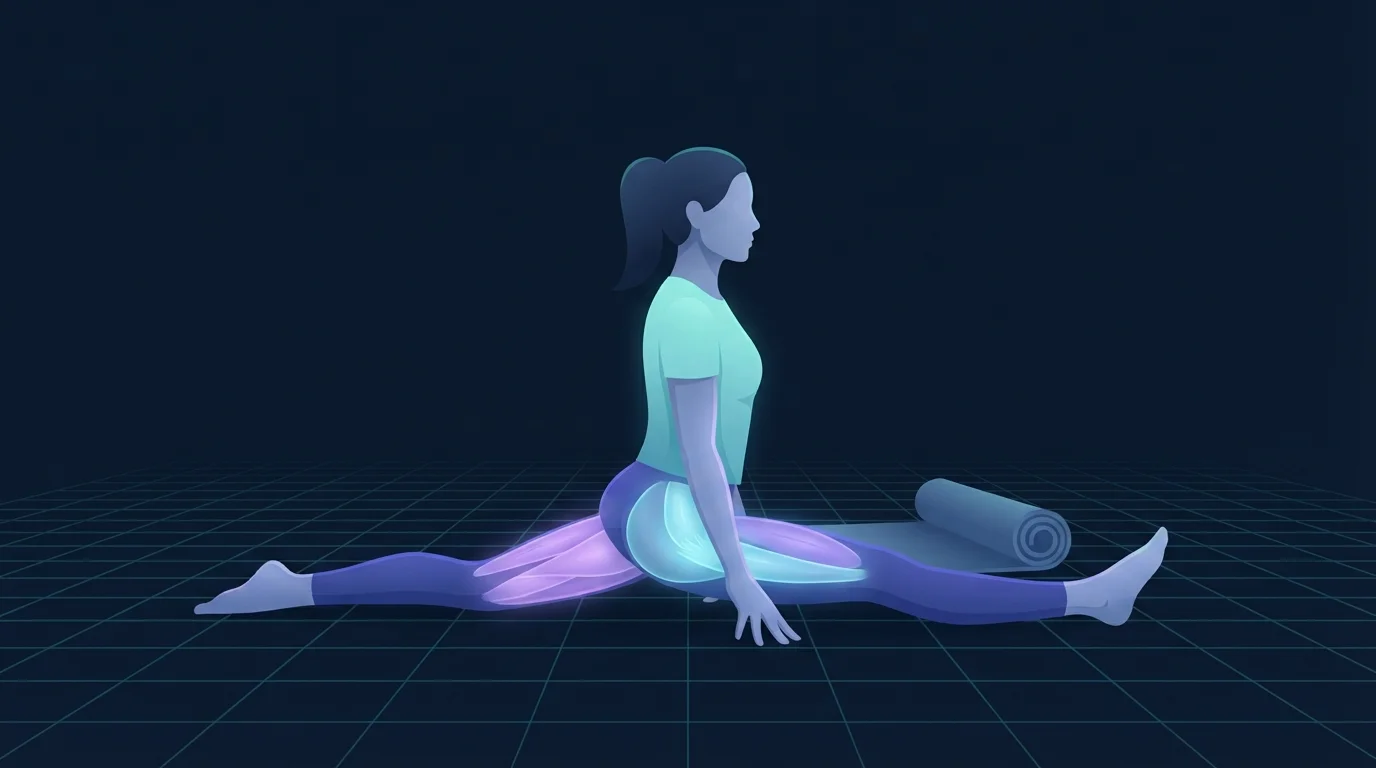 A person holding a full front split with the torso upright and hips square, the back of the front thigh and the front of the rear hip both glowing to show the two tissues under tension at once