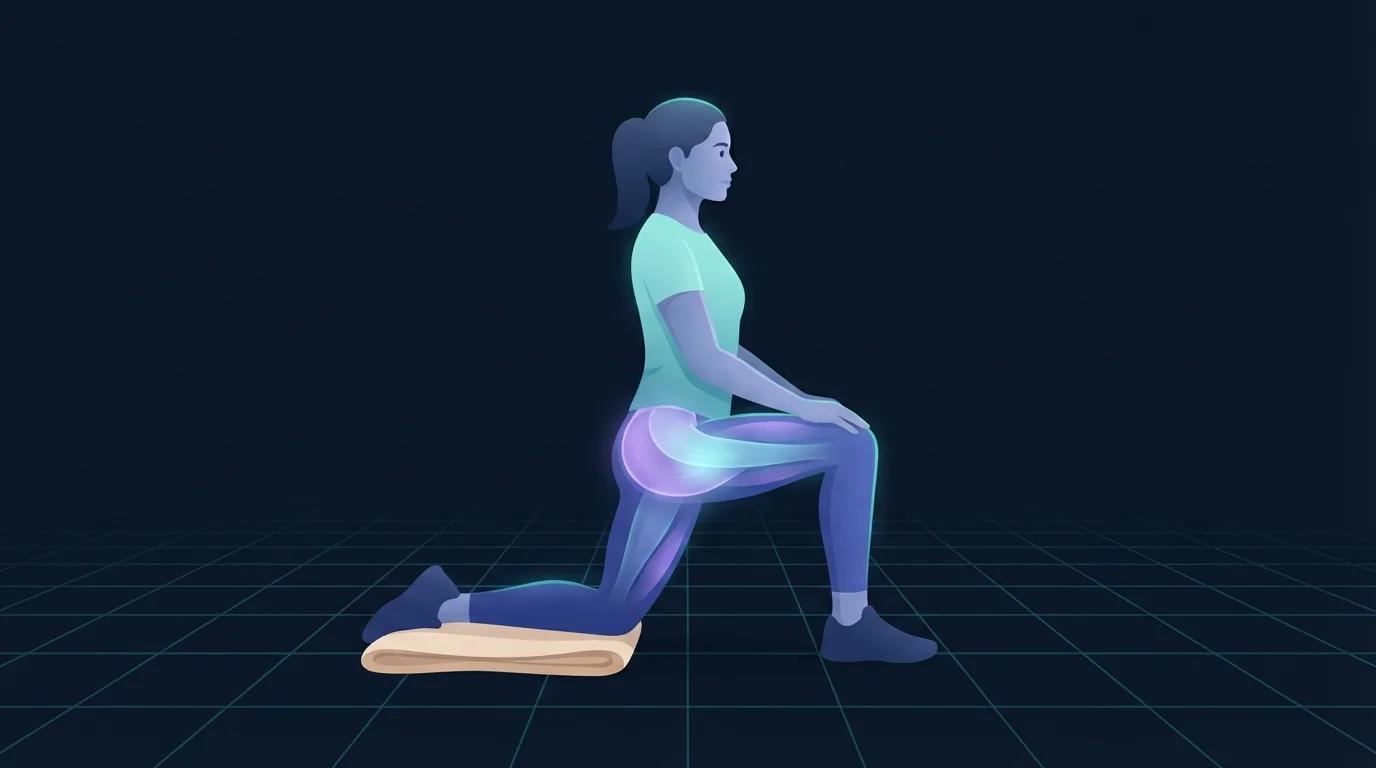 A person in a tall half-kneeling lunge with the back knee on a folded towel, the front of the rear hip and the top of the rear thigh glowing to show where the stretch should be felt