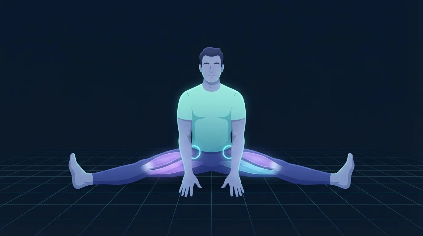 A person sitting in a wide straddle seen from the front with both legs stretched out to the sides and kneecaps facing the ceiling, the inner thighs glowing and a ring of light marking each hip socket