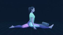 A person holding a full front split with the torso upright and hips square, the back of the front thigh and the front of the rear hip both glowing to show the two tissues under tension at once