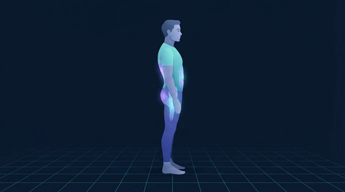 Side view of a standing adult with anterior pelvic tilt, the lower back, front of the hip, abdominal wall and glutes all highlighted