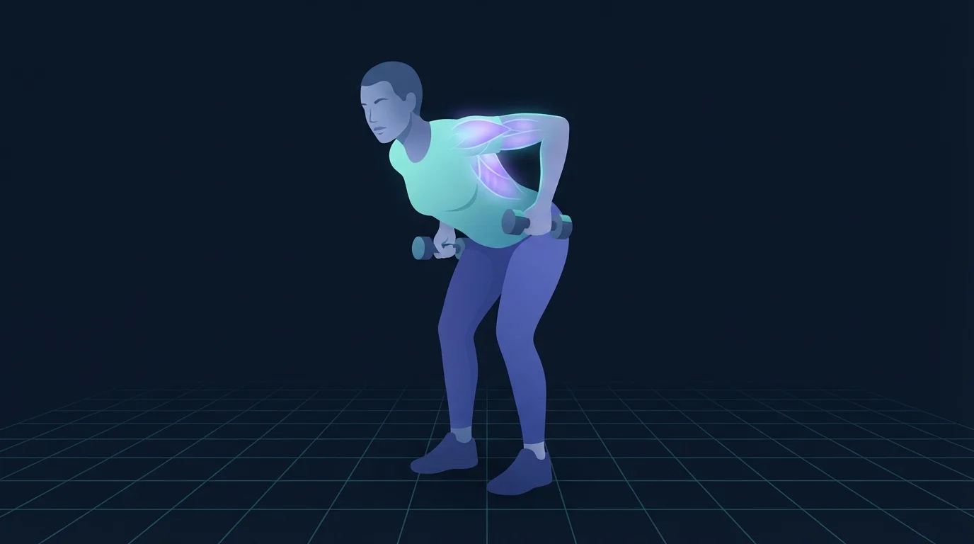 A person hinged forward holding a dumbbell in each hand at the top of a row, with the muscles between the shoulder blades and the backs of the shoulders glowing