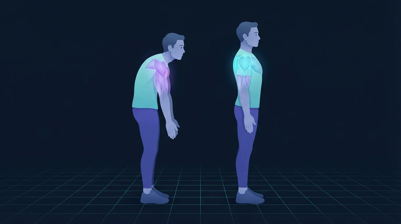 Two figures in side view, one slouched with the shoulders rolled forward and the chest glowing, one standing tall with the muscles between the shoulder blades glowing