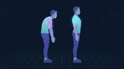 Two figures in side view, one slouched with the shoulders rolled forward and the chest glowing, one standing tall with the muscles between the shoulder blades glowing