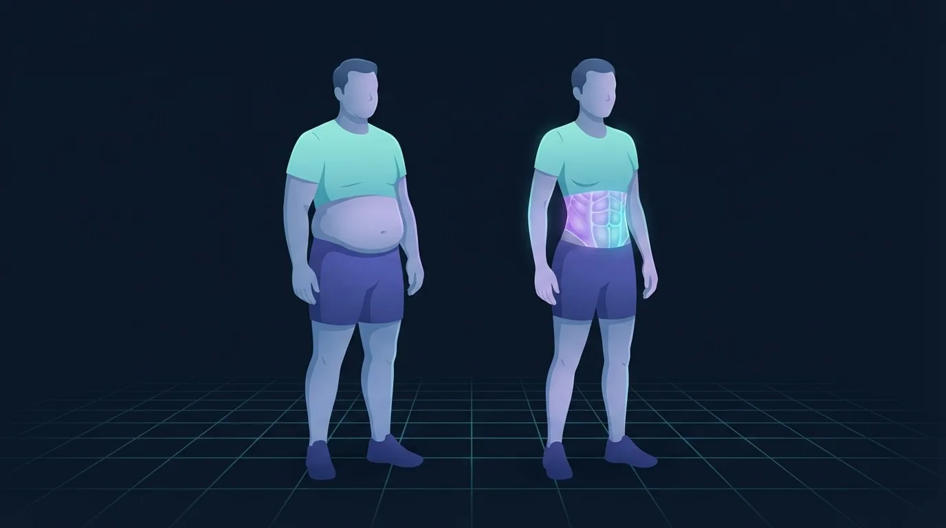 Two men of the same height and build standing side by side, the left with a soft layer of belly fat hiding the midsection and the right lean enough that the abdominal wall and obliques are visible