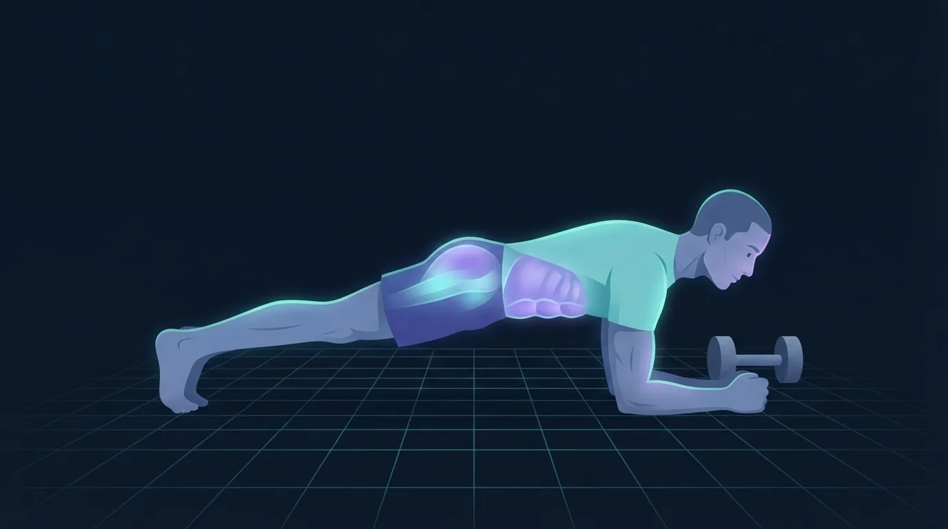 A lean person holding a strict forearm plank in profile with the abdominal wall, deep core and glutes lit up, next to a single dumbbell on the floor