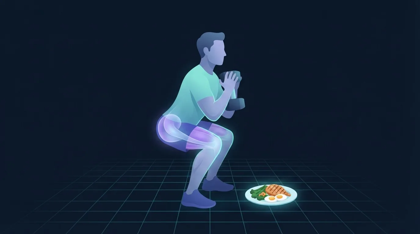 A person at the bottom of a dumbbell squat with the quadriceps, glutes and core lit up, beside a plate of chicken, eggs and green vegetables, showing that compound lifting and protein drive abdominal definition