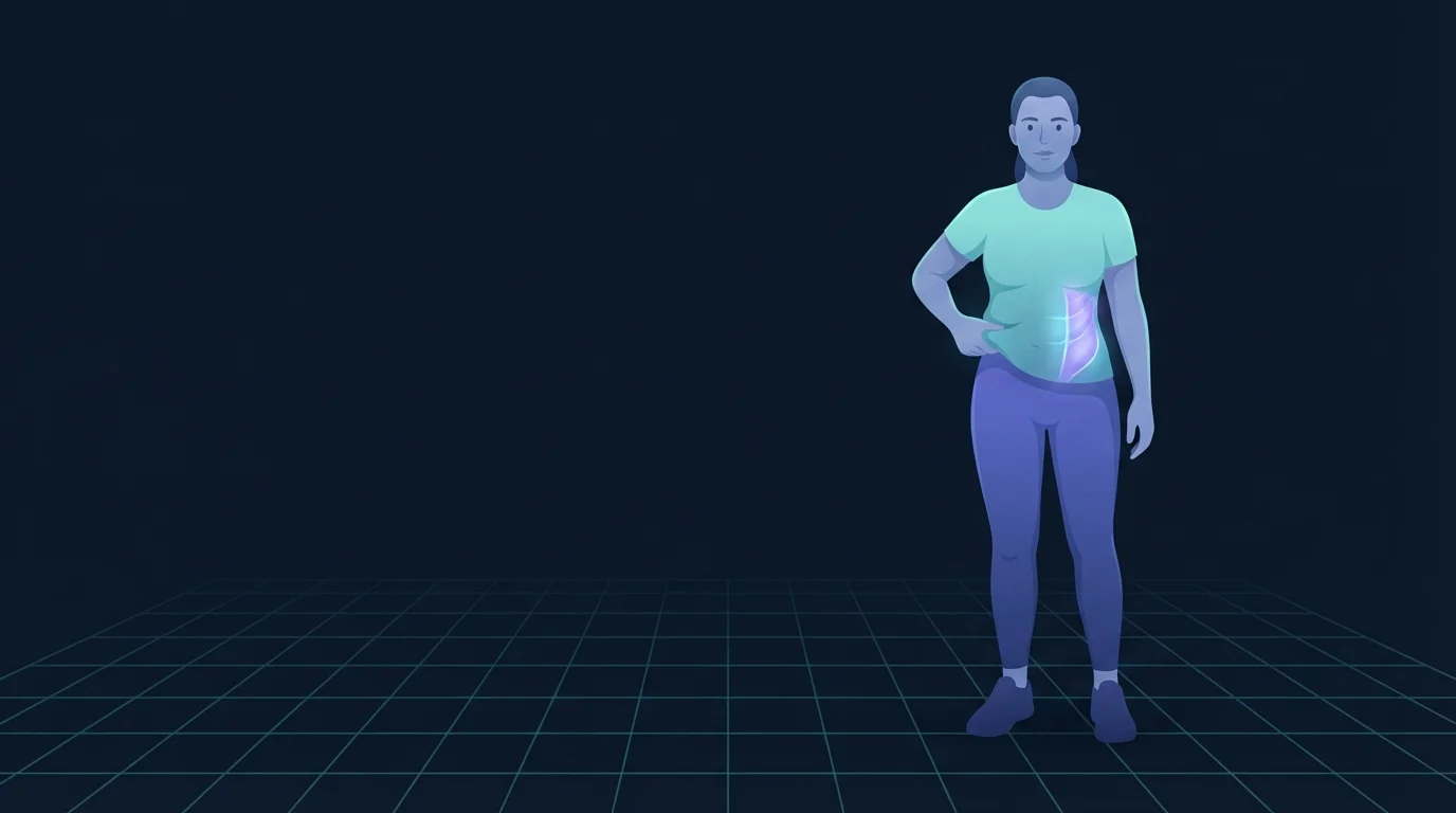A standing figure seen from the front with one hand at the side of the waist just above the hip bone, the oblique muscles along that side glowing violet and cyan beneath the soft layer
