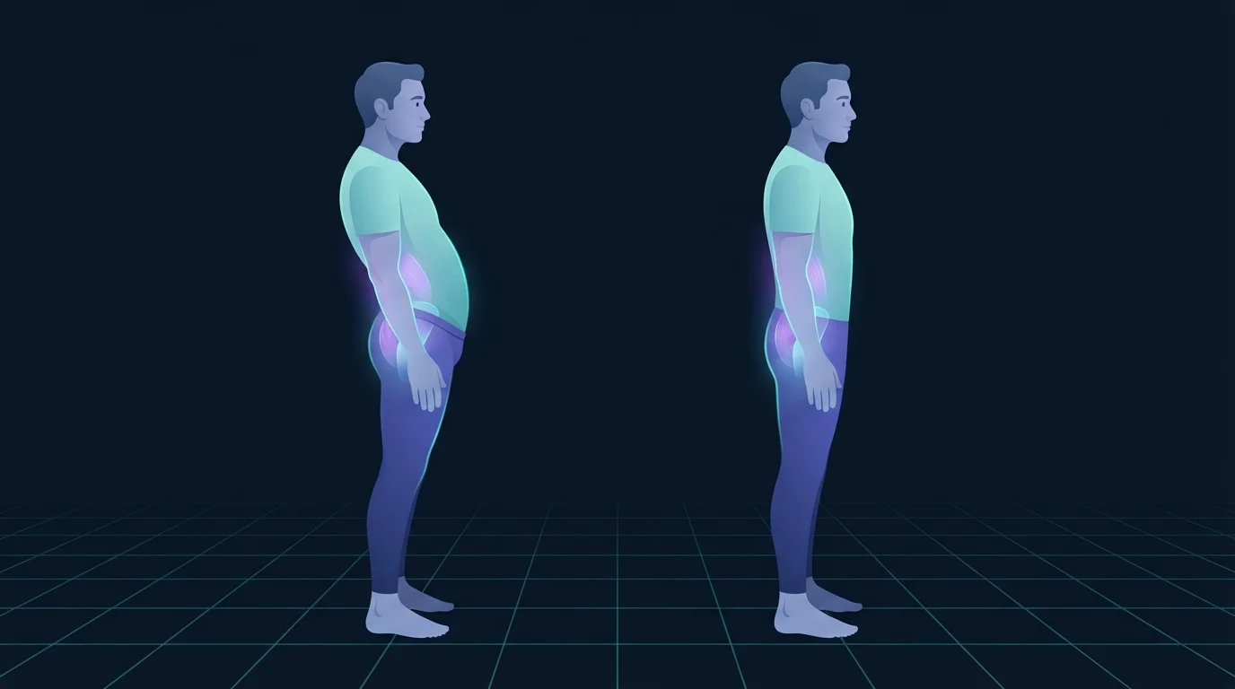 Two side views of a standing man, the left with the pelvis tipped forward so the lower back arches and the abdomen pushes out in front, the right with the ribcage stacked over a level pelvis and a flatter front line, the front of the hip glowing on both