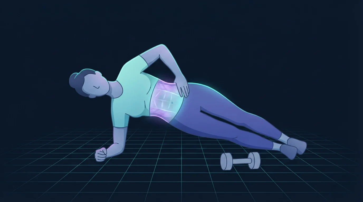 A figure holding a side plank on one forearm with the hips lifted and the top hand on the hip, the side of the trunk from the ribs down to the hip glowing violet and cyan, a plain dumbbell resting on the grid floor beside them