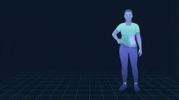 A standing figure seen from the front with one hand at the side of the waist just above the hip bone, the oblique muscles along that side glowing violet and cyan beneath the soft layer