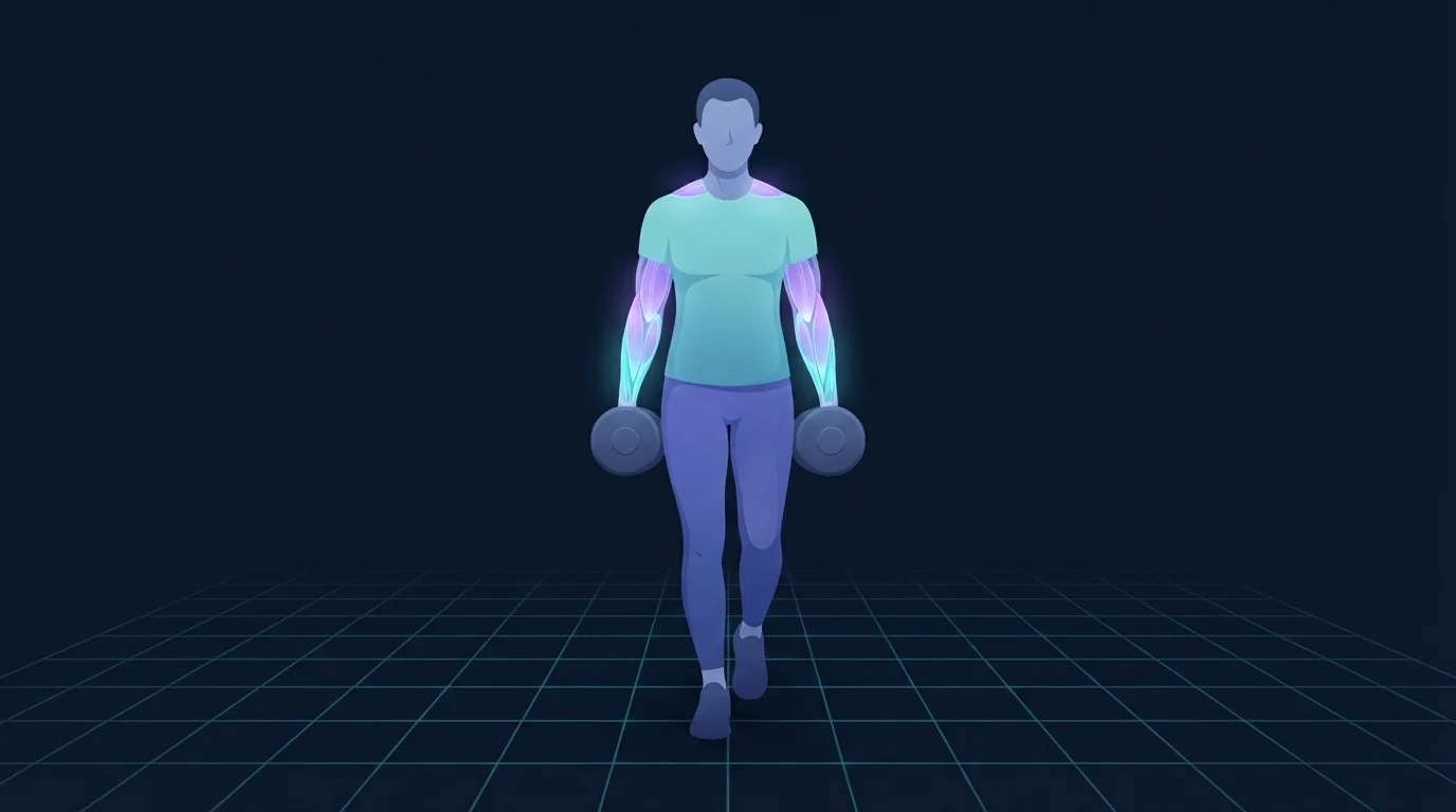 An adult walking forward carrying a heavy dumbbell in each hand with the forearms, hands and upper traps lit up as the working muscles