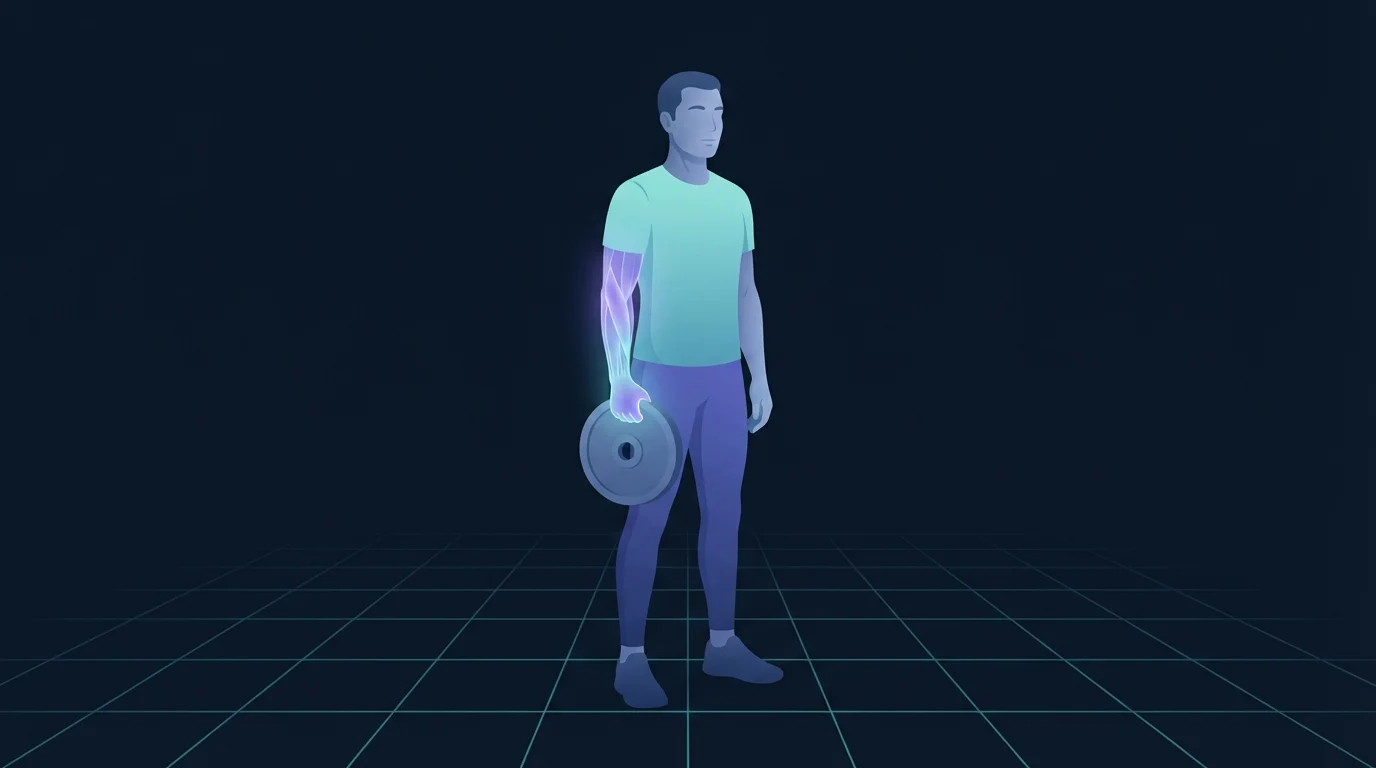 An adult standing and holding a smooth weight plate pinched between thumb and fingers at their side, with that hand and forearm lit up