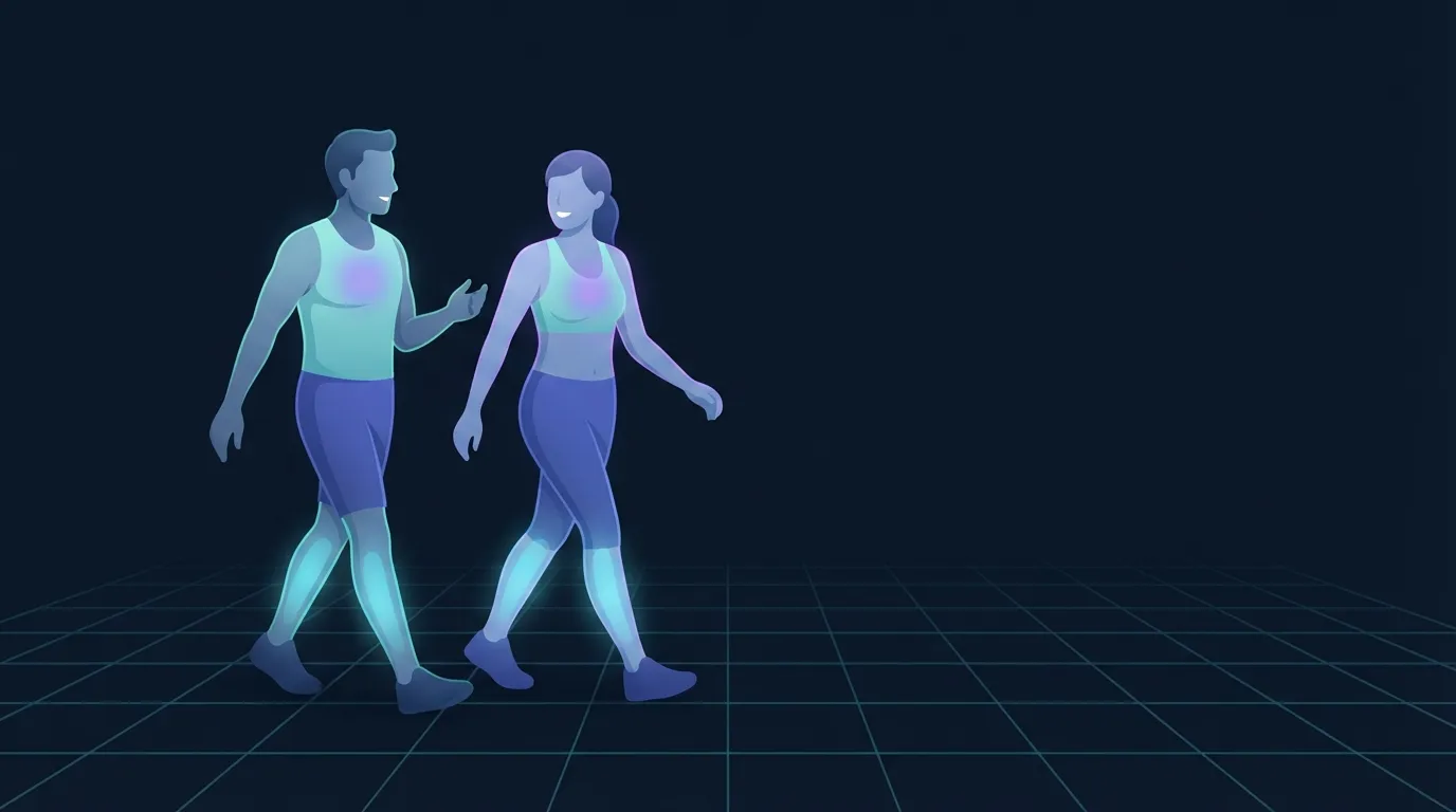 Two people walking side by side on a park path talking, the calves glowing softly, the easy conversational pace that builds the aerobic base