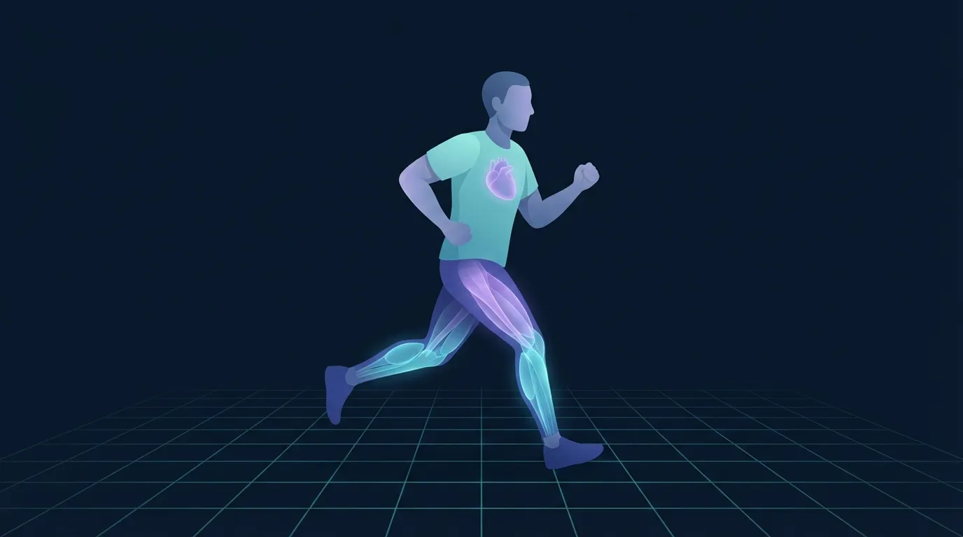 A runner on a trail at an easy pace with the heart and thigh muscles glowing softly, showing the two systems that limit stamina