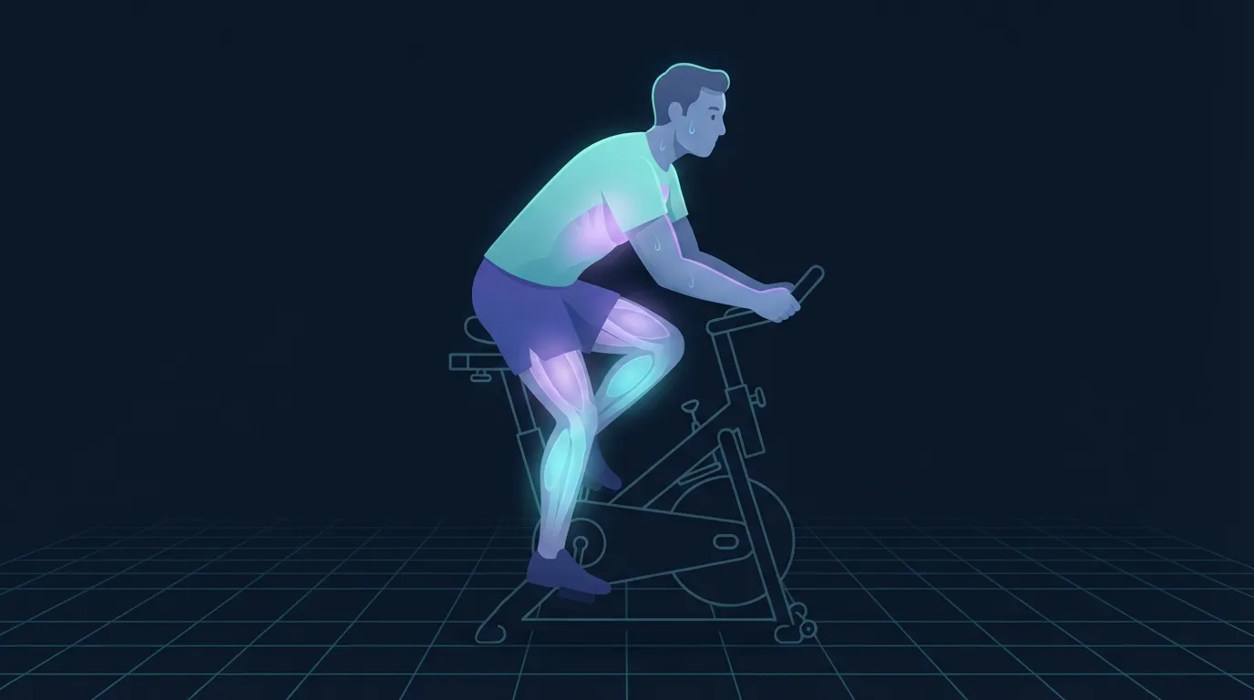 A cyclist mid-effort on a stationary bike with the quadriceps and calves glowing, the interval session that raises VO2 max