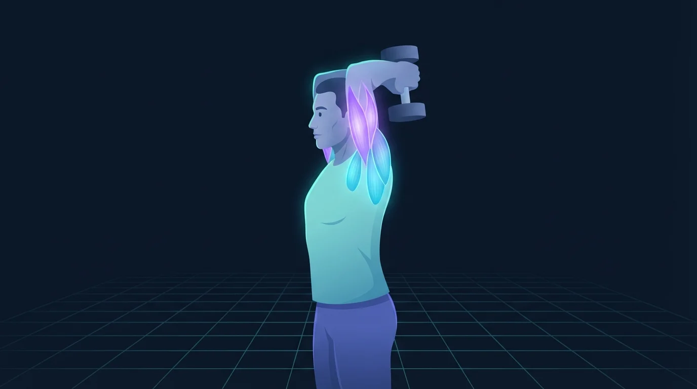 A person performing an overhead triceps extension with one dumbbell held behind the head, the triceps along the back of the upper arm glowing