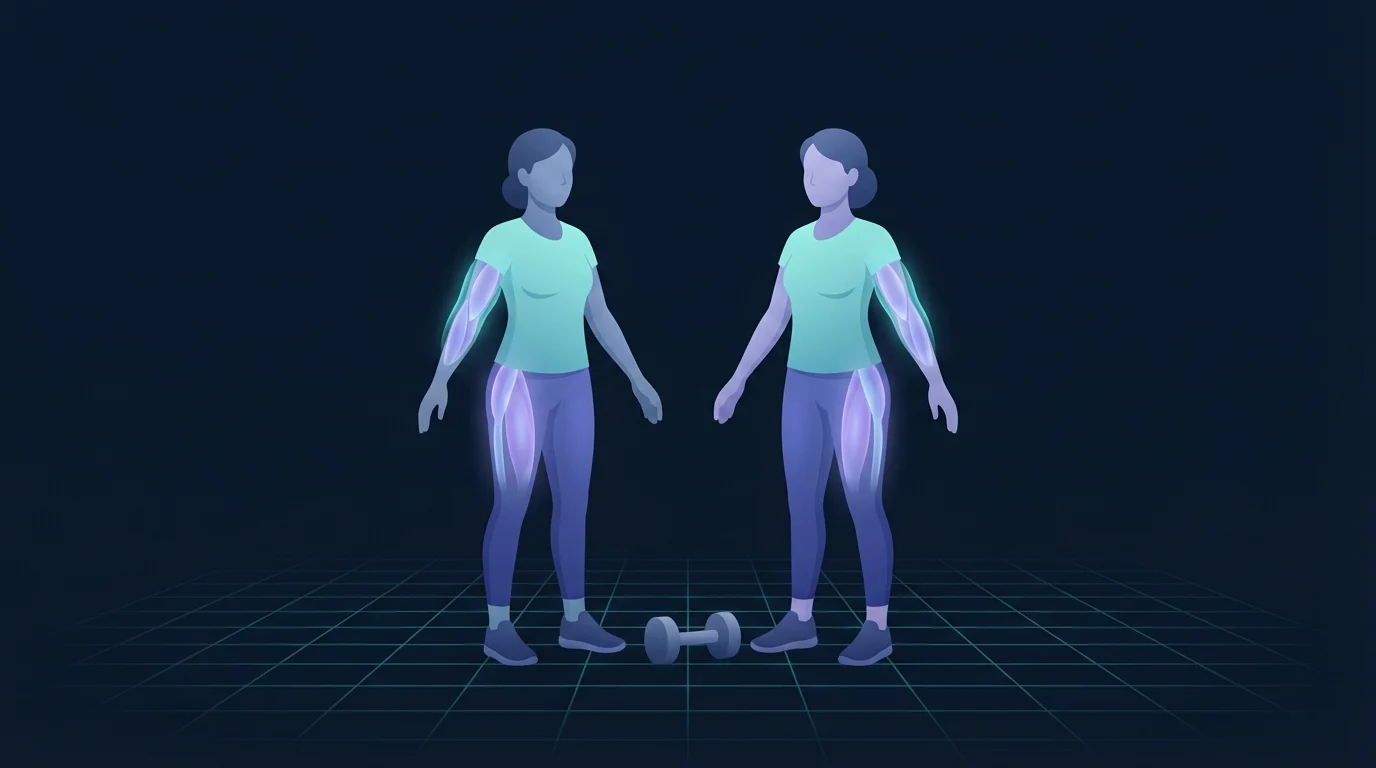 Two standing figures with the soft layer of fat along the back of each upper arm glowing, and a fainter glow at the hips and thighs