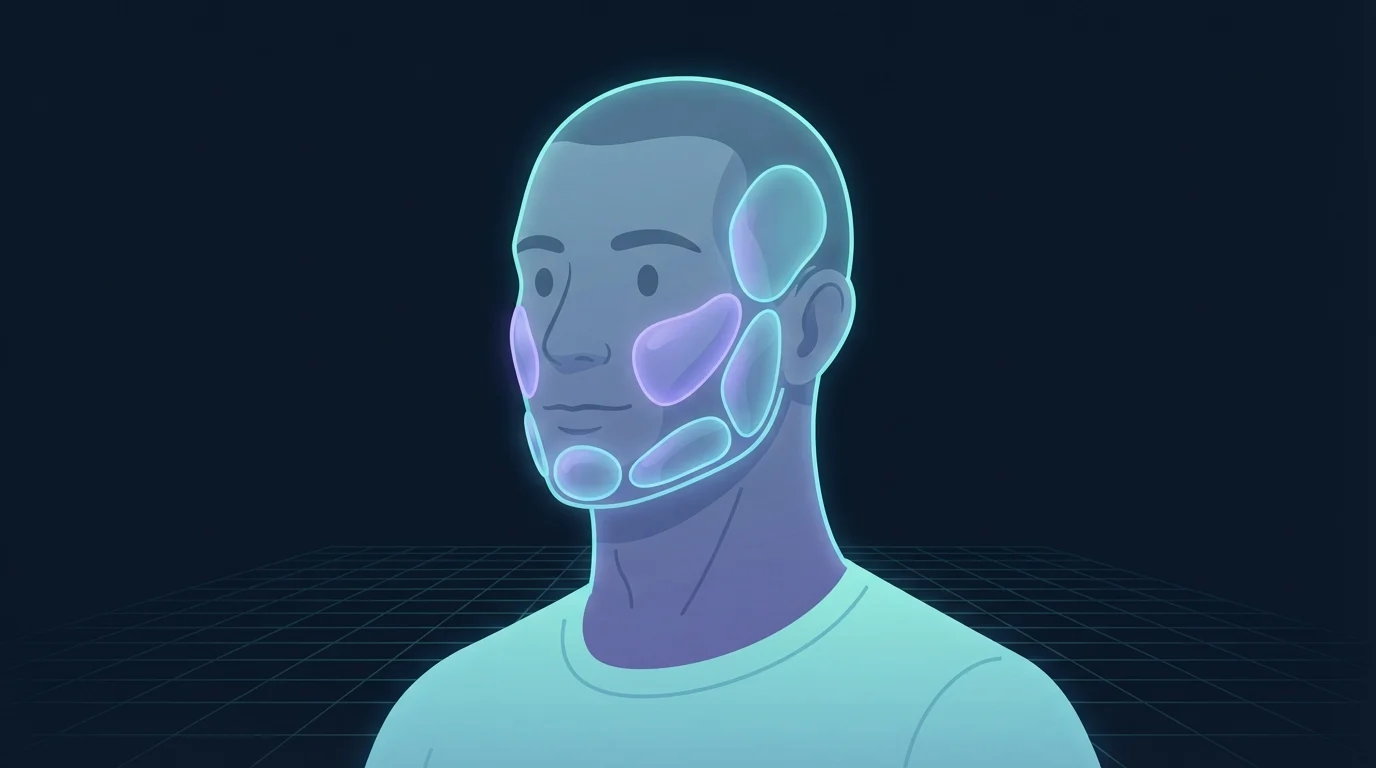 An illustrated head with the separate pads of fat across the cheek, temple and jawline each glowing as its own distinct shape