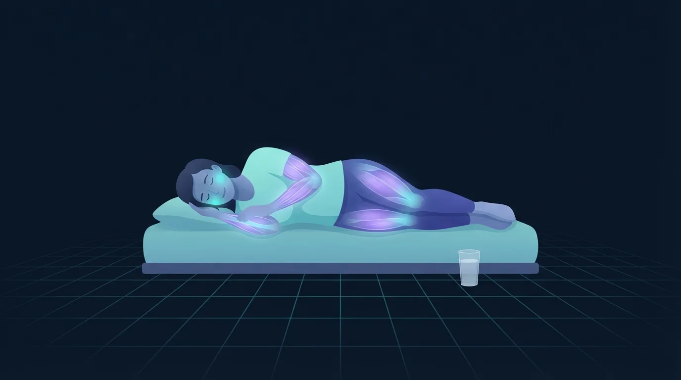 A person asleep on their side on a low bed with a plain glass of water on the floor beside them