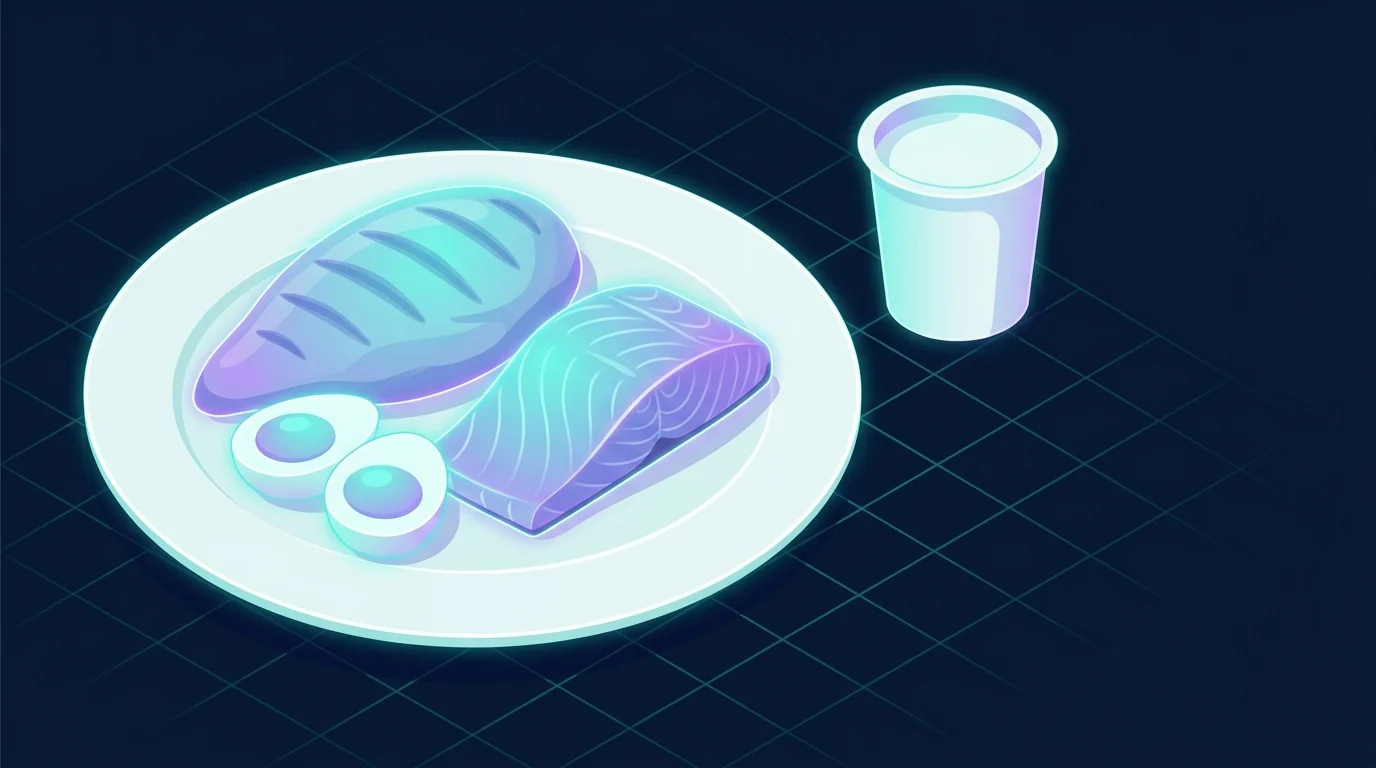 A plate holding chicken, salmon and boiled eggs beside a tub of yogurt, the protein foods lit up against a dark background