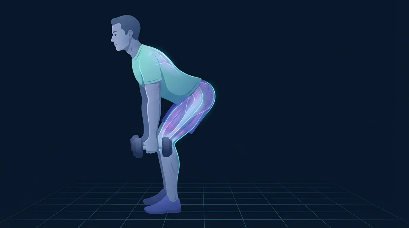 A lean adult at the bottom of a dumbbell Romanian deadlift with the hamstrings, glutes and upper back lit up as the working muscles