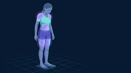 A lean adult standing on a bathroom scale with the shoulders, back, core and thighs lit up, showing that one weight reading contains two very different tissues