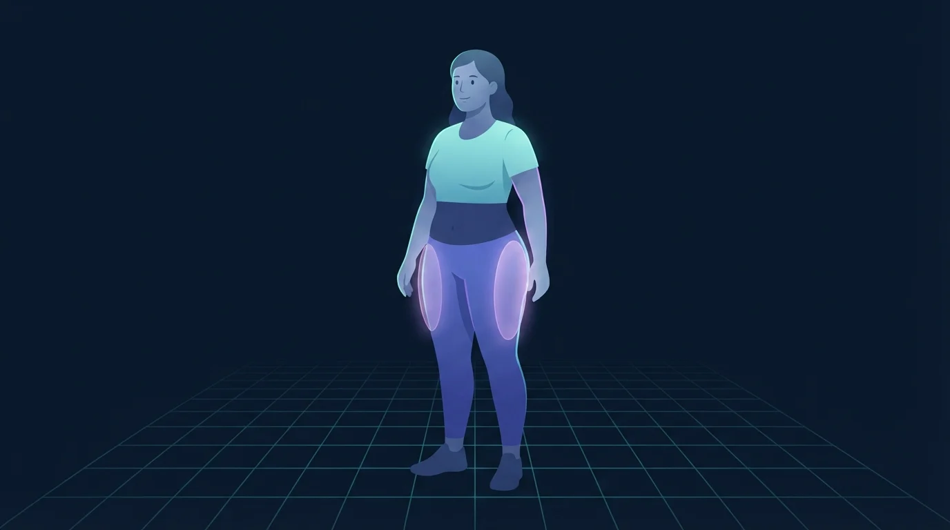 A standing figure with the fat stored around the hips, outer thighs and buttocks glowing while the waist and abdomen stay unlit