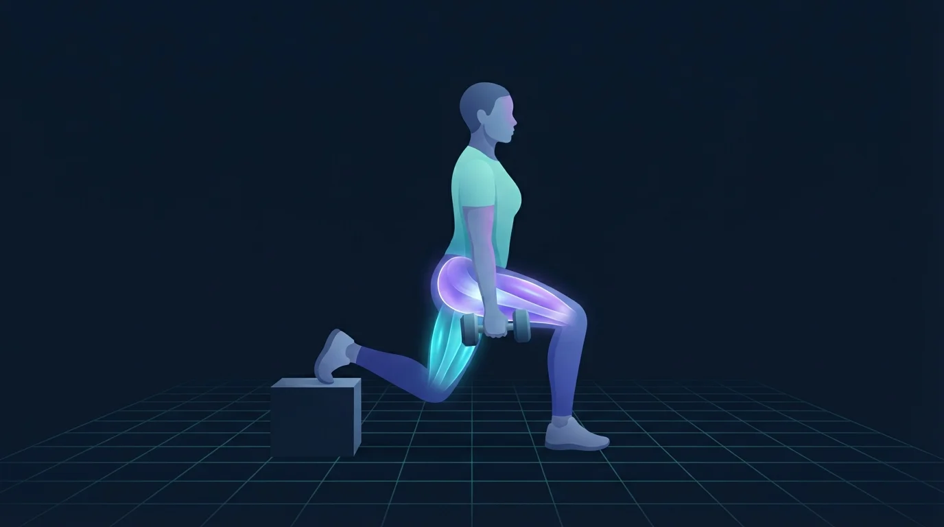 A person at the bottom of a split squat with the back foot on a low box, the front-leg quadriceps and glute glowing and the hamstrings lit more faintly