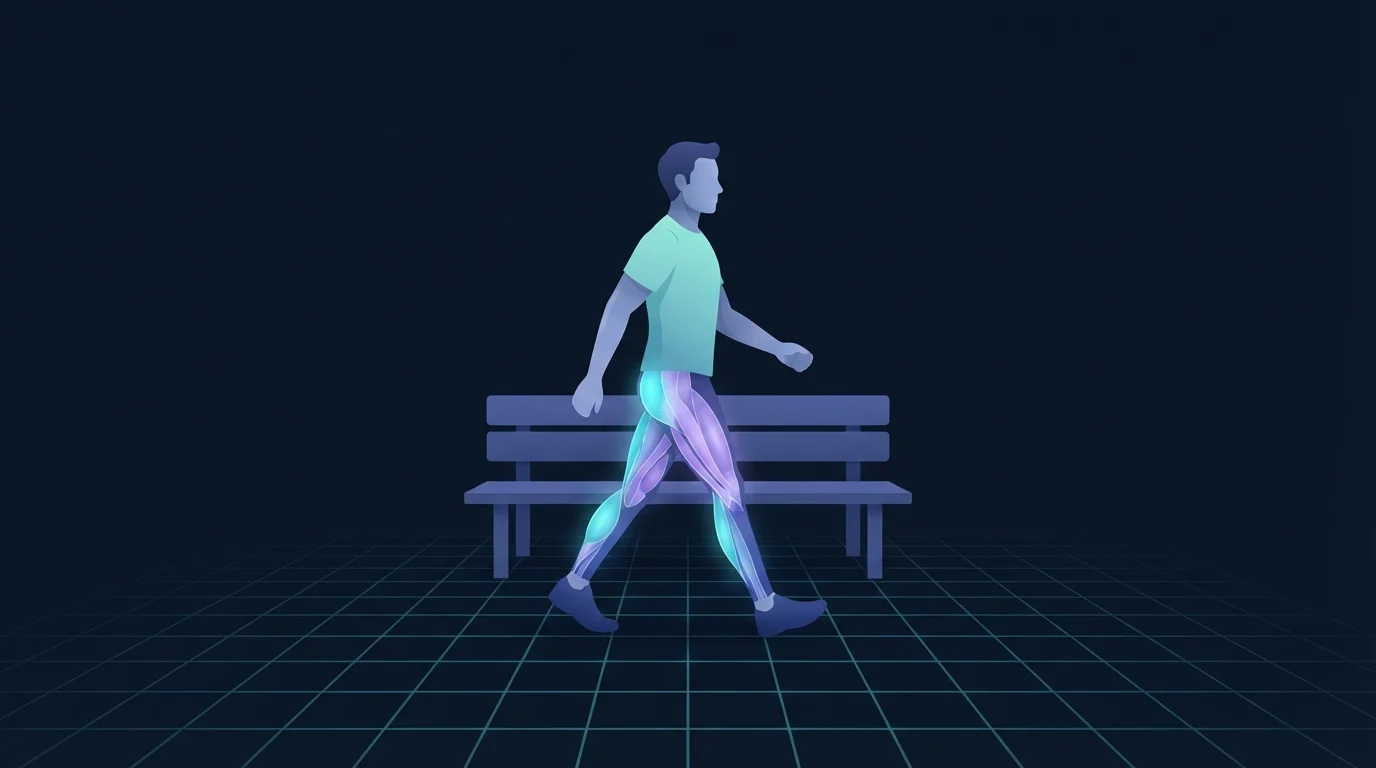 A person walking briskly in profile with the glutes, hamstrings and calves glowing softly, a plain bench behind them