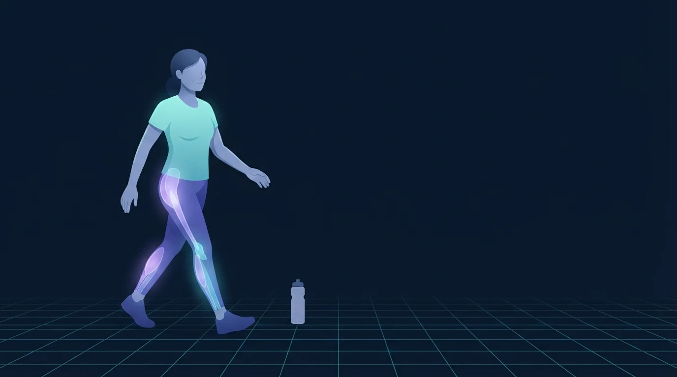 A woman in her forties walking briskly with the calves, glutes and core lit up, the daily movement that carries most of the energy cost
