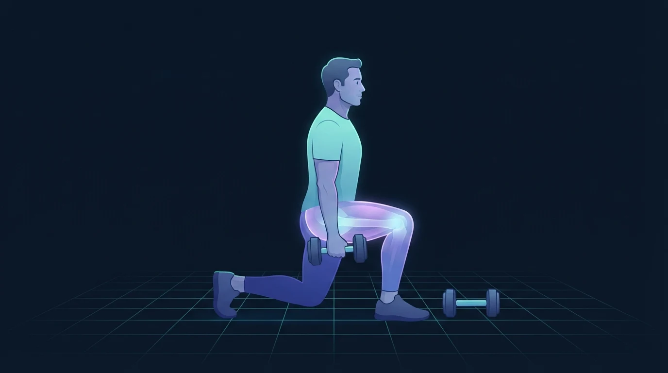 A man in his forties partway down into a dumbbell split squat with the front thigh and glute lit up as the working muscles