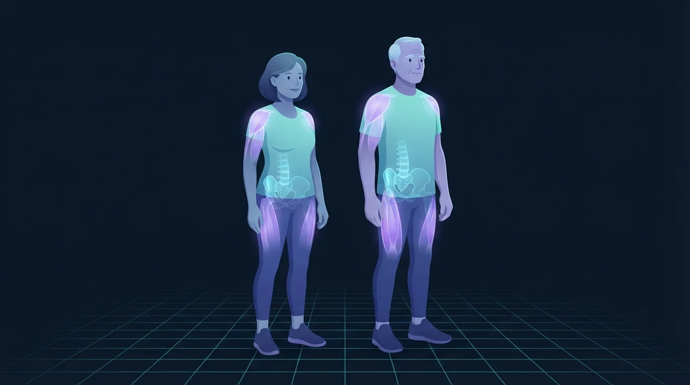 Two adults in their late fifties with the shoulder and thigh muscles lit in violet and the hip and spine bones lit in cyan, the two tissues a diet puts at risk