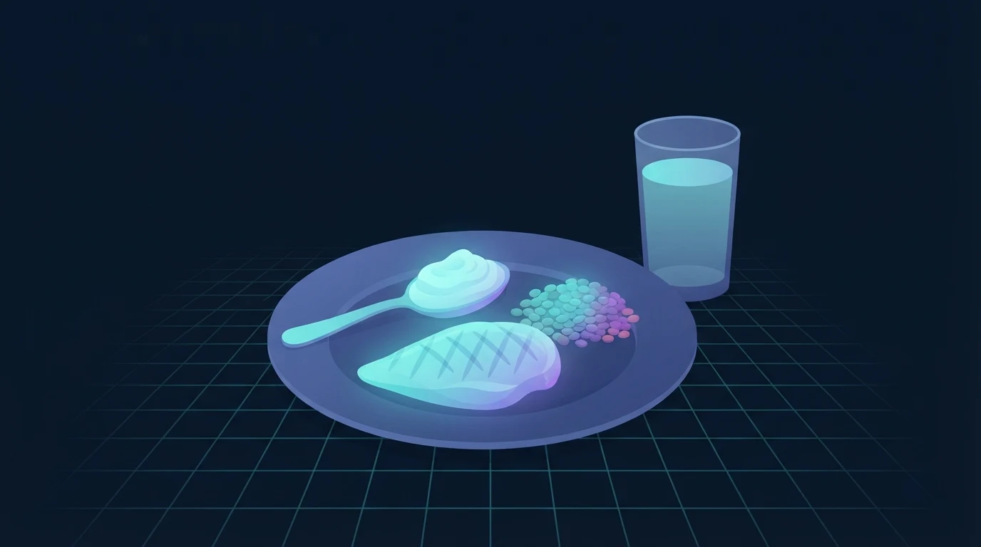 A plate holding a chicken breast, thick yogurt and lentils with the protein foods lit up, next to a glass of water