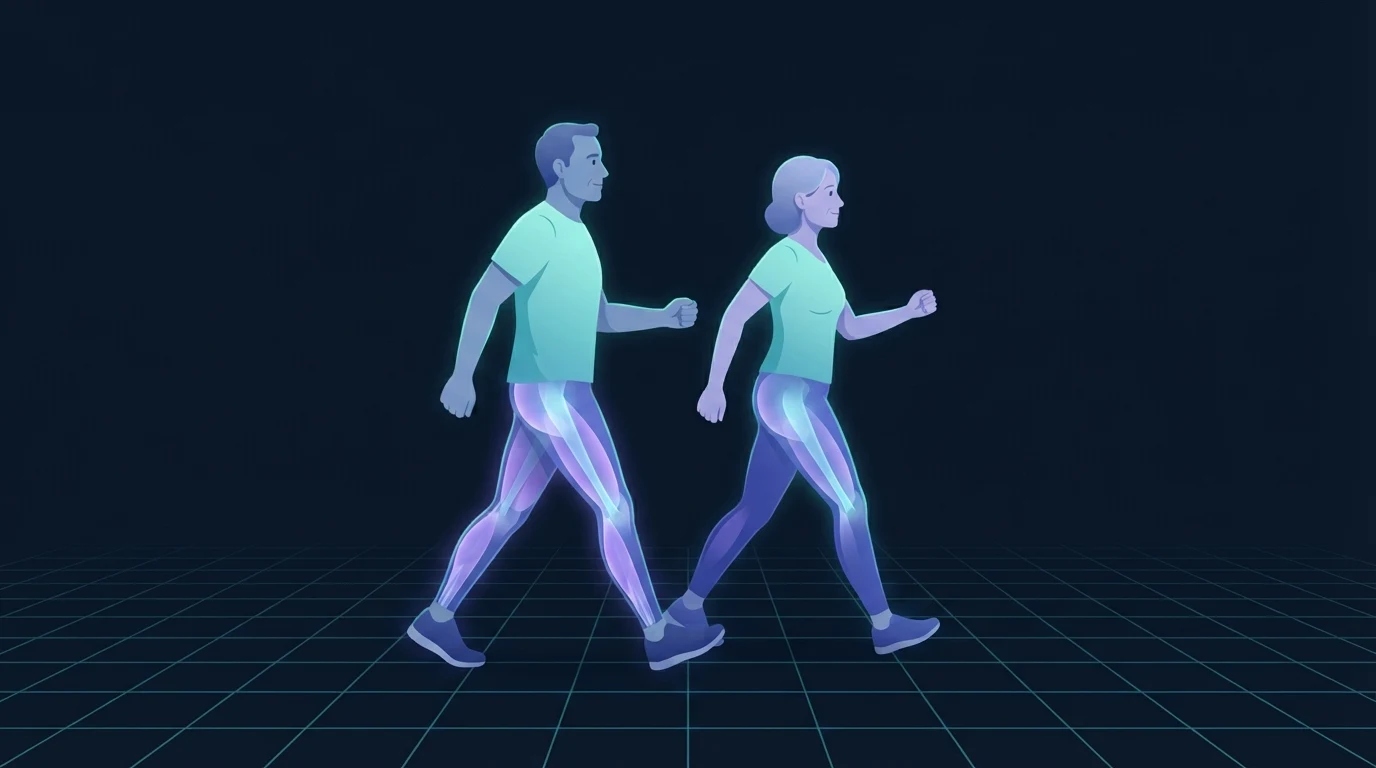 Two adults in their late fifties walking briskly side by side with the calves, thighs and glutes lit up as the working muscles