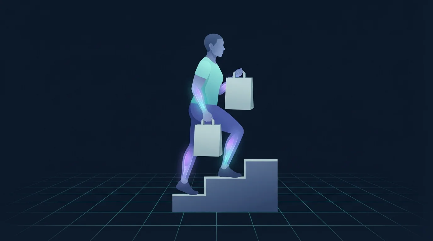 A person in everyday clothes carrying two grocery bags up a short flight of stairs with the calves, hips and forearms glowing, showing non-exercise daily movement