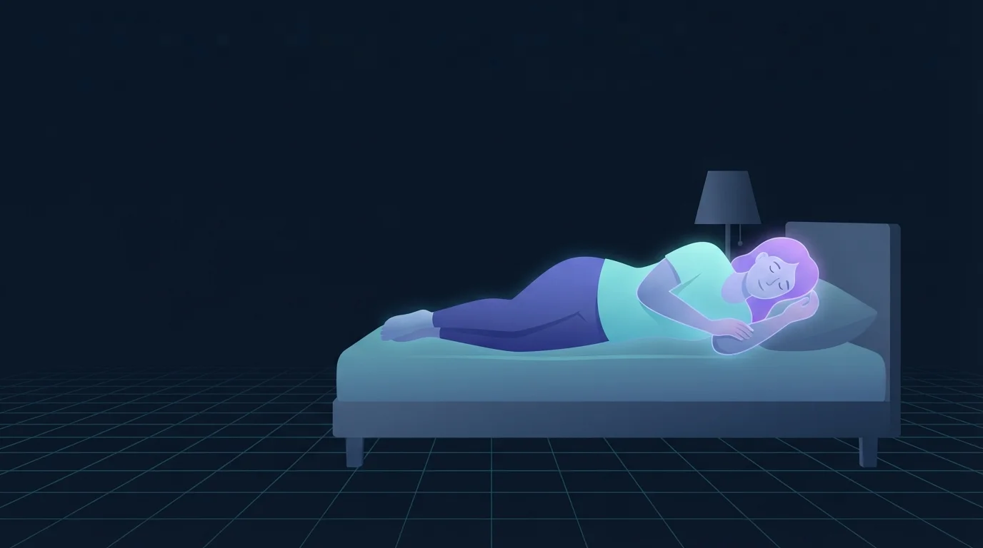 A person asleep on their side at night with the head and torso glowing softly and an unlit bedside lamp nearby, showing sleep as an appetite lever in weight loss