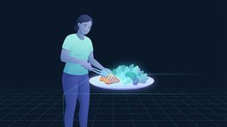 A person at a kitchen counter building a dinner plate with a protein portion and a large pile of vegetables glowing, the meal structure that drives weight loss without exercise