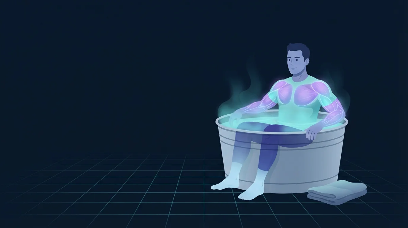 A person sitting chest deep in a plain metal cold tub with cool mist rising, the submerged legs rendered cold blue and the upper body still glowing warm