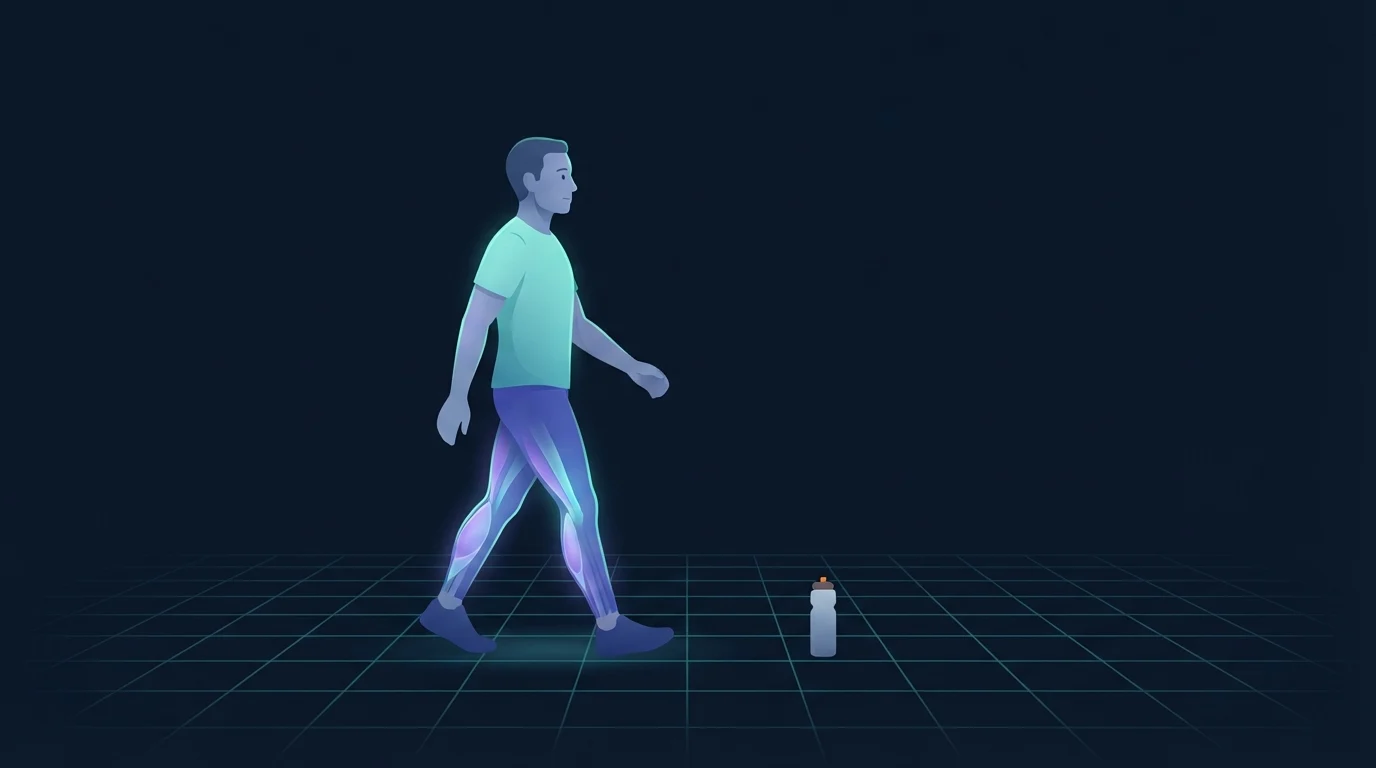 A person walking at a relaxed conversational pace with the calves and hamstrings glowing gently, a water bottle standing on the ground behind them