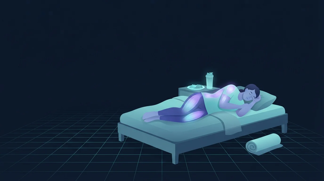 A person asleep in bed with the shoulders, back and thighs glowing softly, a plate of food and a shaker bottle on the bedside table