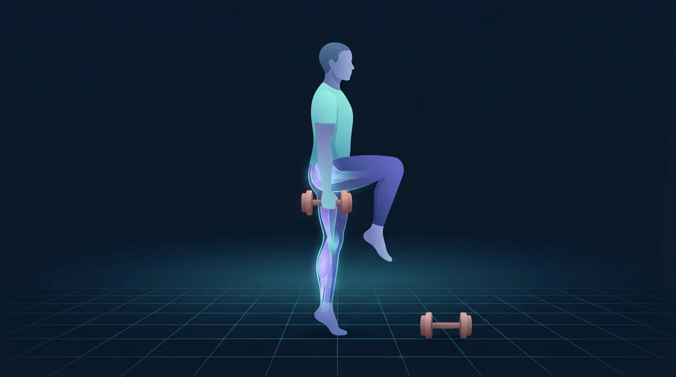 An athlete performing a slow single-leg calf raise holding one dumbbell, with the calf, glute and hip of the standing leg glowing to show the muscles that improve running economy