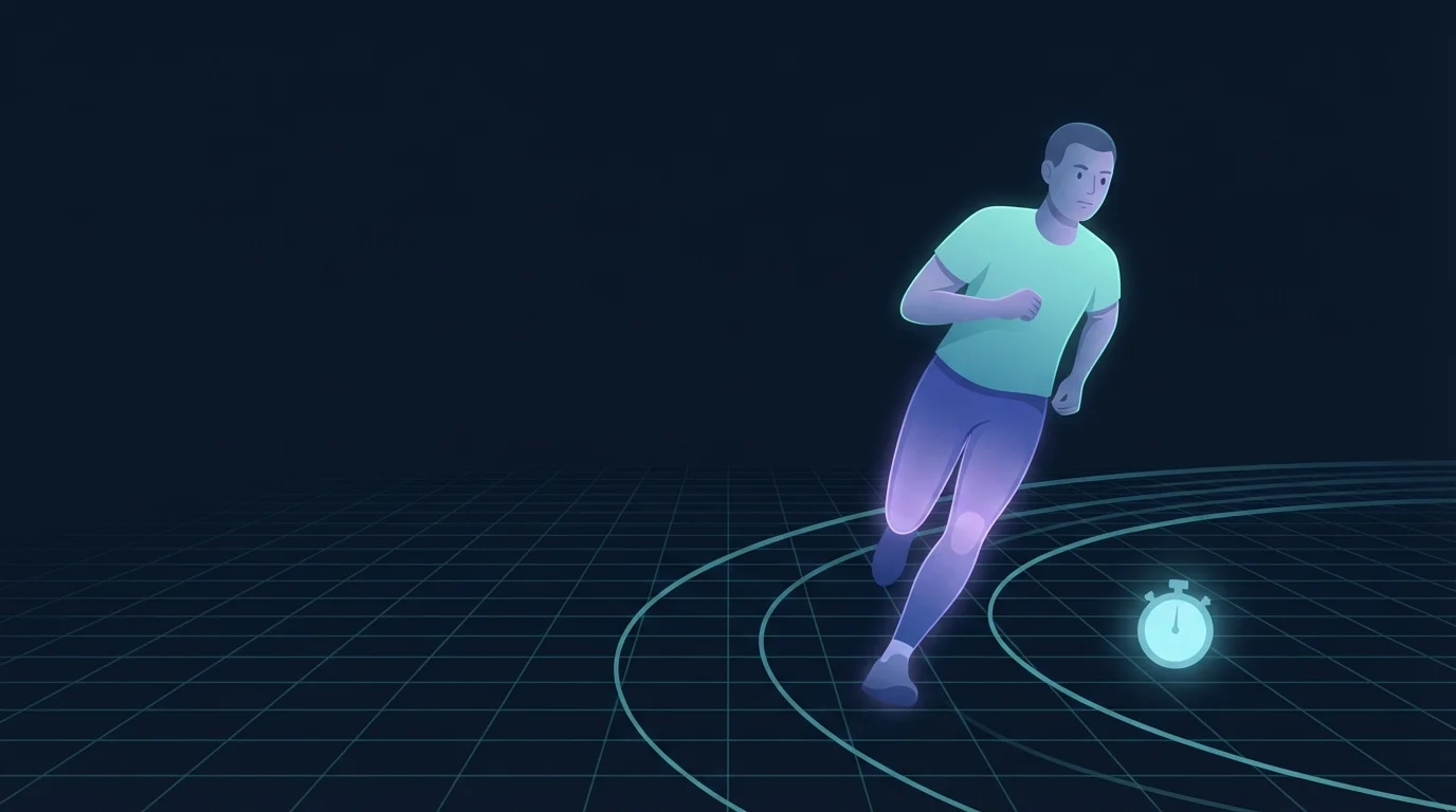 A runner leaning into the curve of a track lane with a plain stopwatch glowing on the surface beside the lane, representing a one-mile time trial