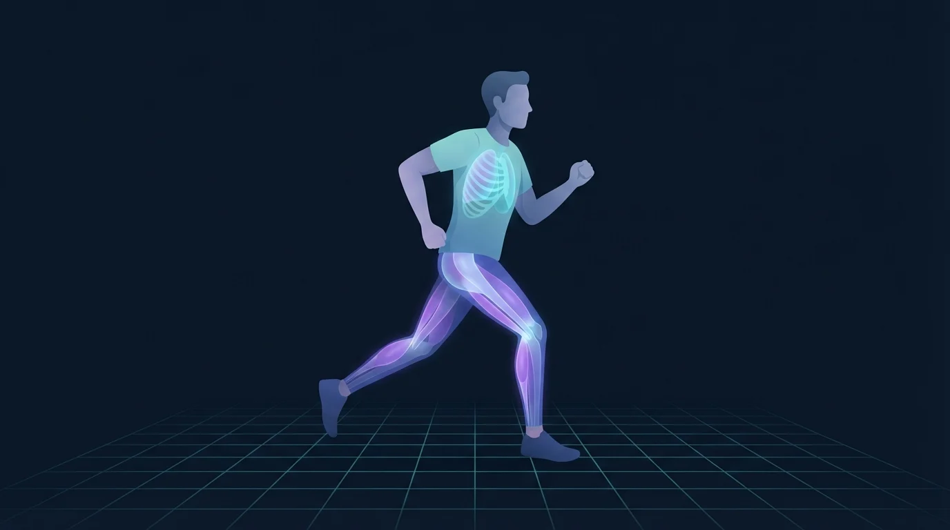 A runner at full stride with the rib cage glowing to represent the oxygen system and the calves, hamstrings and glutes glowing as the driving muscles behind a faster mile