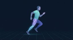 A runner in profile mid-stride on a dark grid floor, the glute, hamstring and calf of the driving leg glowing to show the muscles that produce ground force